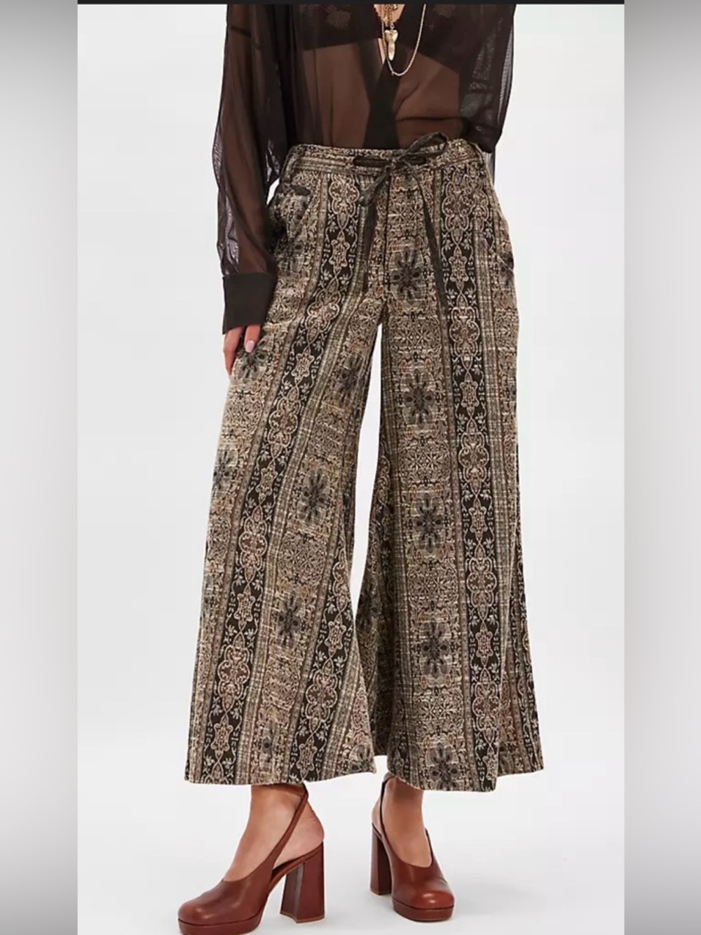 FREE PEOPLE Dahlia Print Wide Leg Pants Paisley Linen Cotton 12